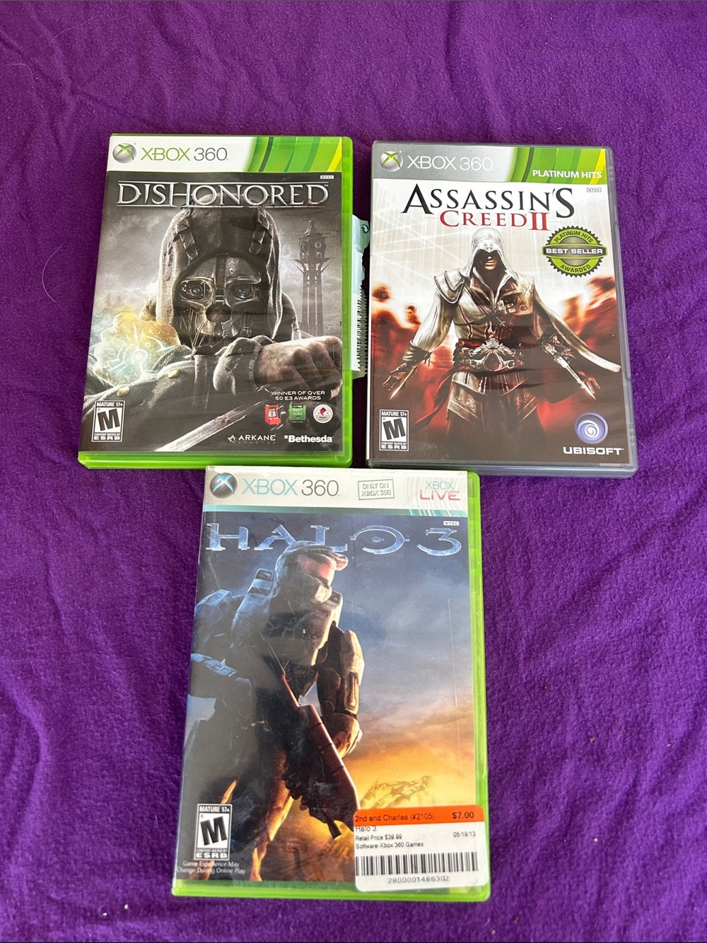 Xbox 360 Game Lot - Green Cases (Dishonored, Assassin's Creed II, Halo 3)